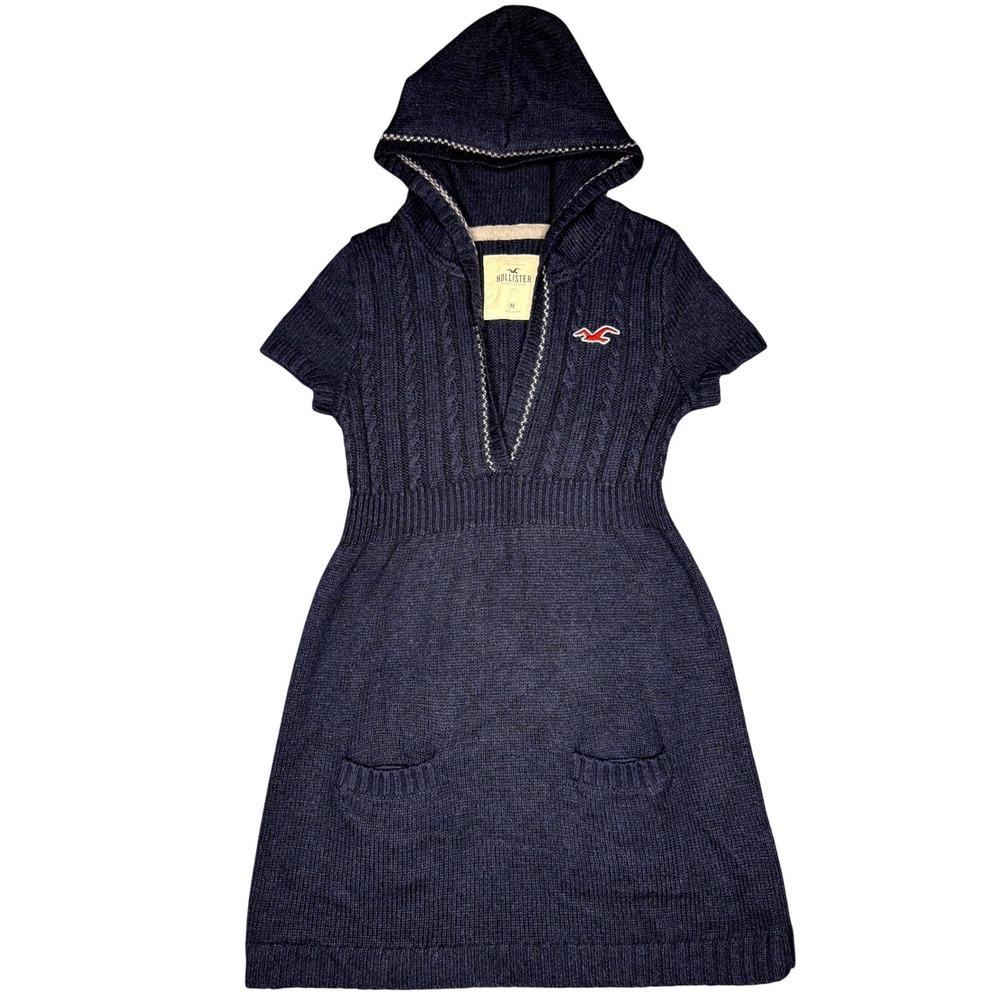 y2k Hollister Babydoll Short Sleeve Wool Sweater Dress M Navy Cable Knit Hoodie